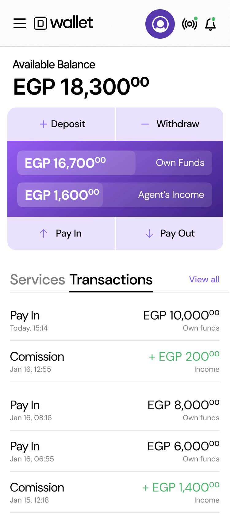 Digital Wallet app transactions page